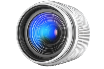 Camera lens with blue reflection, close up on black background, photography equipment