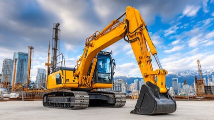 Yellow excavator amidst an urban construction site