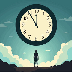 Silhouette of a man standing under a large clock in cloudy sky