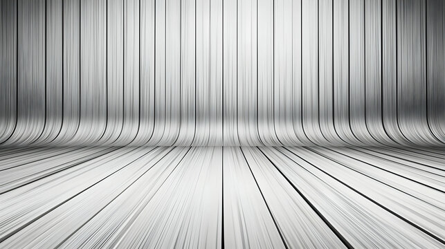 Gray wood panelled room with curved floor.  Walls and floor are composed of many thin, parallel lines of gray, creating a sense of depth