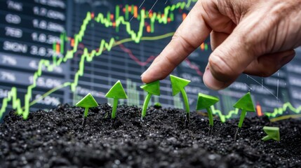 Hand pointing at growing green arrows sprouting from soil, stock chart background