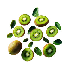 Fototapeta premium Kiwi Fruit Slices with Fresh Leaves Isolated on White Background