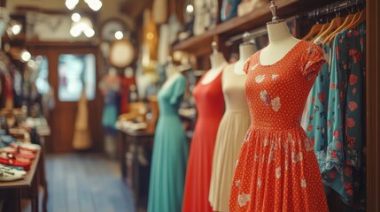 Obraz premium Colorful vintage dresses displayed on mannequins behind a store window. Retro style with lace, florals, and soft lighting inside the boutique. Generative Ai