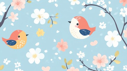 Cute birds amidst spring blossoms