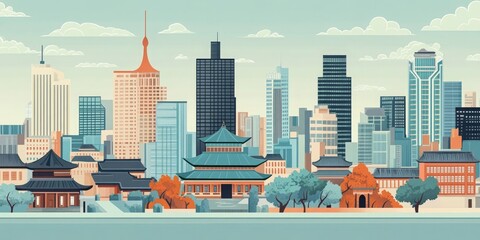 Obraz premium Asian Architecture with Cityscape Skyline, Traditional Buildings and Skyscraper View