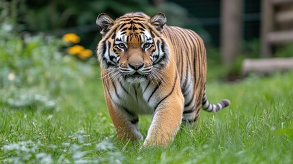 Majestic tiger strolls through lush green grass wildlife portrait