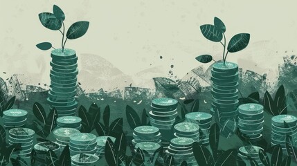 Illustration depicts coins with growing plants on top, symbolizing financial growth and investment