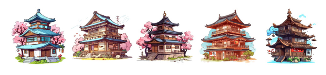 Colorful vector set of traditional Japanese pagoda buildings with cherry blossom trees. Detailed and stylized architecture illustrations.