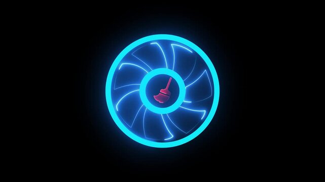 Glowing phone virus cleaner and antivirus seven wing special fan sign neon icon on black background . Glowing Neon Mop Icon Isolated, 3D Motion Graphic Representing Cleaning.