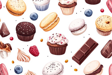 Watercolor Sweets Pattern featuring Chocolate Bars Macarons Cupcakes and Berries on black background delicious treats