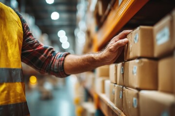 Close-up of a warehouse worker in a yellow vest checking packages on a shelf, ensuring accuracy and efficiency in the order fulfillment process and supply chain management.