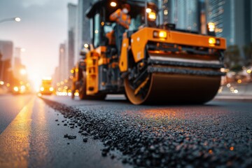 A vibrant shot of an asphalt road roller compacting new asphalt, on a city street with skyscrapers, at dusk offering a modern and urban construction view.