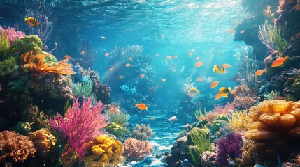 Fototapeta premium Underwater coral reef with vivid marine life, colorful corals, yellow tangs, and orange fish swimming in clear blue water illuminated by sunlight beams. Generative AI