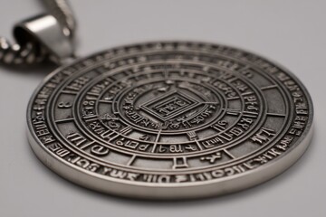 Fototapeta premium Close-up studio shot of a circular metal pendant with engraved arcane symbols, creating an esoteric and mysterious aesthetic, complemented by a silver chain.