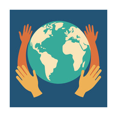 Earth surrounded by hands symbolizing unity and global cooperation against blue background