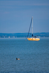 A photo of a sailer floats away in the calm waters