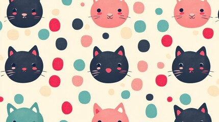 Cute cat faces on a pastel polka dot background