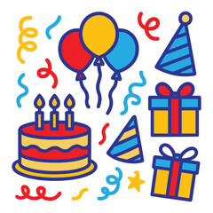 Birthday party elements set with cake balloons gifts and decorations