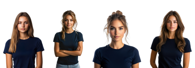 Collection of women wearing navy t-shirts isolated on transparent background