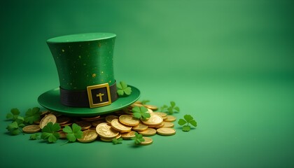 leprechaun hat, gold coins and shamrocks on a green background as a symbol of St. Patrick's Day