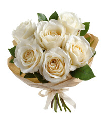 Obraz premium Elegant Bouquet of Six Creamy White Roses Wrapped in Brown Paper with Lush Green Leaves, Perfect for Weddings, Anniversaries, and Gifts, Isolated on Transparent and White Background