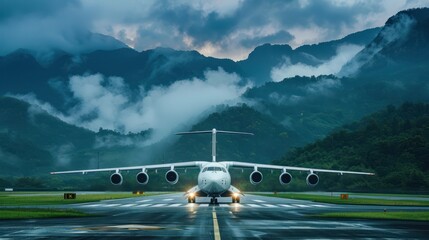 A wide-body transport plane sits ready on a runway, mountains covered in mist are in the background