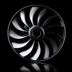 Turbine engine fan blade, industrial design, dark background, reflection, for aerospace engineering websites