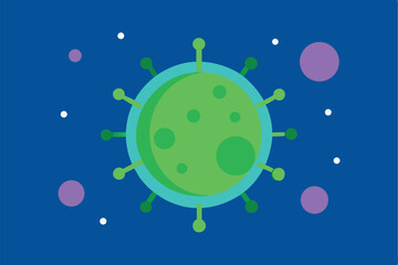 Fototapeta premium a stylized illustration of a green virus particle surrounded by colorful polka dots against a dark blue background, digital art, minimalist, flat design 