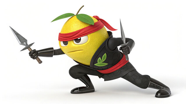 A 3D-rendered lemon ninja, wearing a black stealth suit with a red headband, crouching in a battle stance while holding two sharp kunai