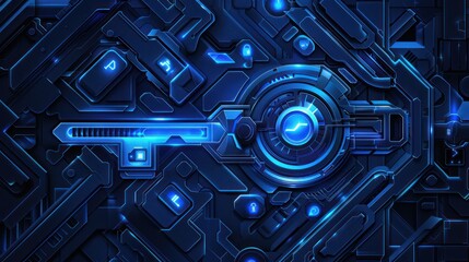 A technological key with glowing blue accents is centered on a dark, complex structure
