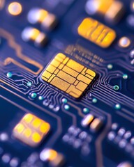 Macro shot of a gold computer chip on a blue circuit board showcasing technology and innovation in electronics industry