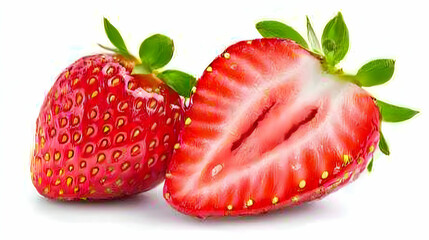 Juicy halved strawberry and whole strawberry, isolated on white background, perfect for food blogs or recipe websites