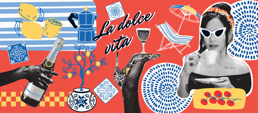Mediterranean summer halftone collage elements beach lounger, ceramic tiles, tomatoes, girl with cup of coffee, high heels, coffee pot, lemons, wine. Dolce vita aesthetics. Vector.