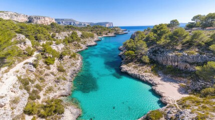 Naklejka premium Aerial view of a turquoise bay, lush greenery surrounding clear waters, perfect for travel brochures and nature themes.