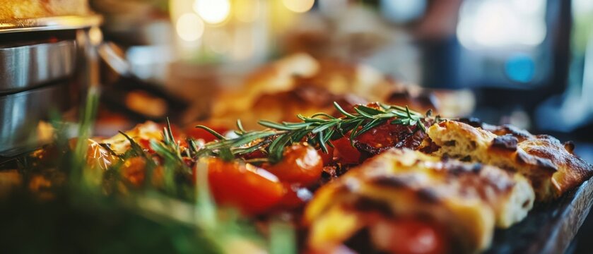 Close-up of focaccia bread with tomatoes and rosemary at buffet style restaurant for catering event or celebration with food service