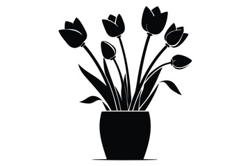 Black Silhouette of Tulips in Pot with Leaves, Floral Vector Illustration