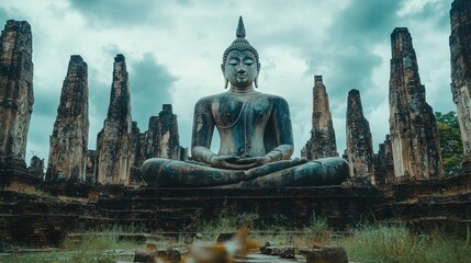 Fototapeta premium Ancient Buddha statue amidst ruins