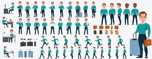 Man Character design. Front, side, back view and explainer animation poses. Character set with lip sync and facial expressions of Happy, angry, sad, Joy with Side walk cycle animation sequence sprite 
