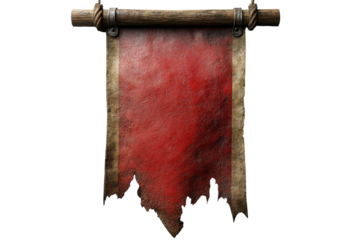 Hanging Red Banner with Torn Bottom Edge Medieval Style on Wood with Ropes and Metal Brackets