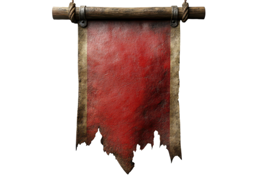Hanging Red Banner with Torn Bottom Edge Medieval Style on Wood with Ropes and Metal Brackets