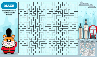 Square maze activity page for kids. Help hamster find the way to London, cartoon style