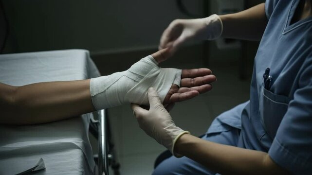 Medical Professional Bandaging Wounded Arm in Clinical Environment with Attention and Care