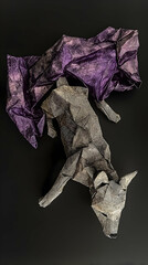 Fototapeta premium Origami wolf resting under purple fabric on dark background; art, craft, paper sculpture, animal