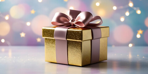 Gold Gift Box with Pink Ribbon and Bow on Pastel Dreamy Background

