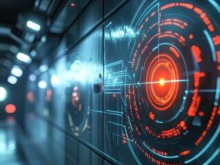 Futuristic corridor displays glowing data circles.