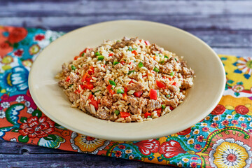 dirty rice with ground beef, bell pepper, onion, and garlic