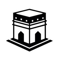 Simple geometric Kaaba illustration with Hajr-e-Aswad marker. Monochrome Islamic symbol, clean lines, white background. Perfect for religious designs and educational materials