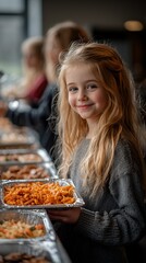 A girl smiles while holding a plate of food at a buffet