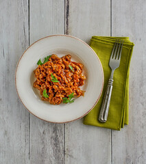 shredded BBQ seitan with a teriyaki and ginger sauce