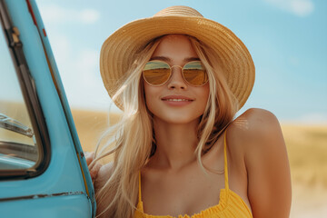 Blonde girl in sunglasses and hat leaning against a blue car, smiling and looking at the road. Summer, vacation or road trip theme.